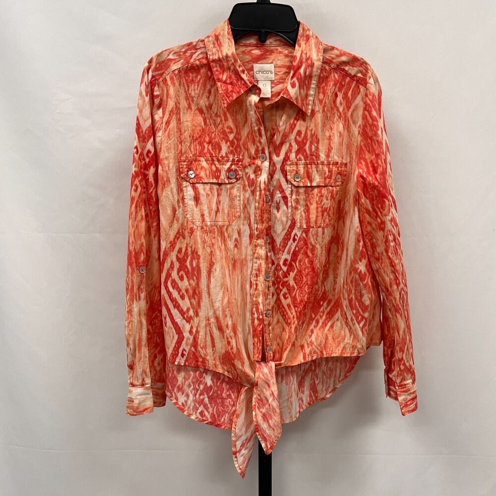 Chico's Women Button Down Blouse Shirt Size S (0) Red Abstract Print Tie Hem